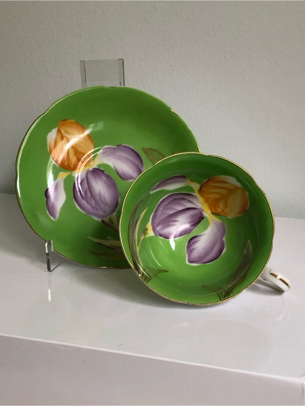 50s VTG Trimont China Hand-Painted Green Floral Teacup & Saucer Occupied Japan